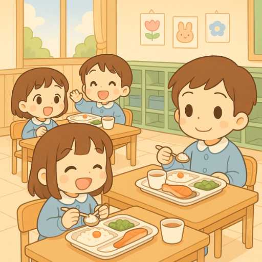 給食を食べる幼稚園児